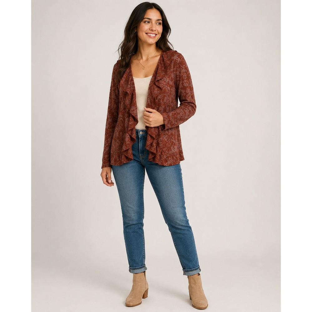 Chico's Rustic Romantic Fall Cardigan Sweater sz 1 M Orange Ruffle Holiday